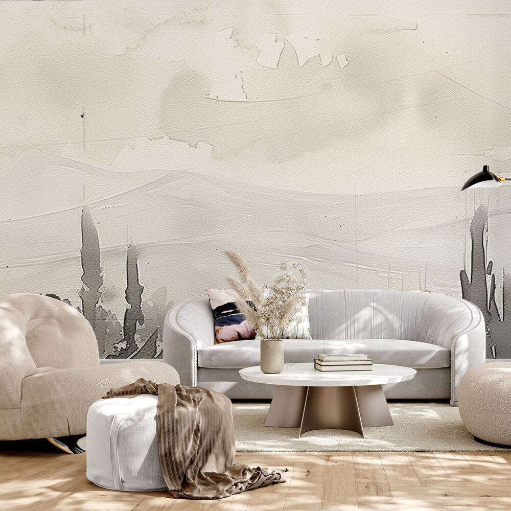 Grisaille style beige countryside mural from Wallpaper Online Canada