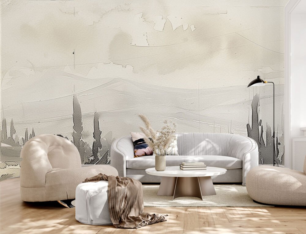 Grisaille style beige countryside mural from Wallpaper Online Canada