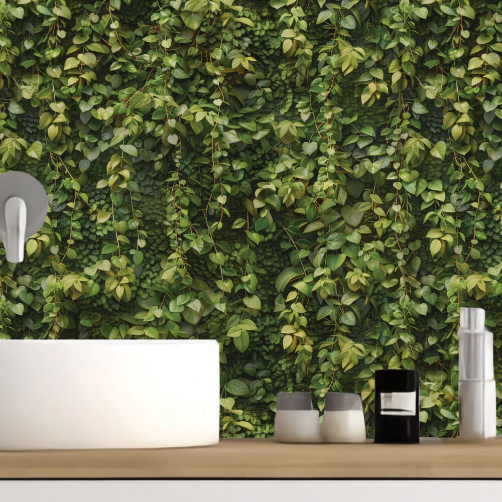 Wallpaper of ultra detailed vine leaves growing out of darkness creating a plant wall effect. Exclusively available from Wallpaper Online Canada