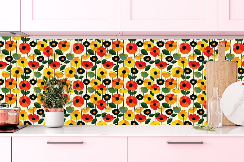 Mid century poppy pattern wallpaper in bright colours available exclusively from Wallpaper Online Canada