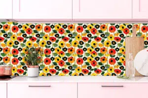 Mid century poppy pattern wallpaper in bright colours available exclusively from Wallpaper Online Canada