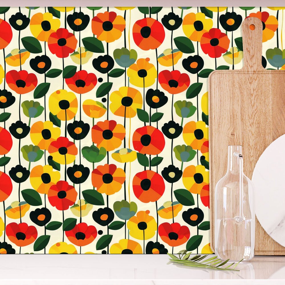 Mid century poppy pattern wallpaper in bright colours available exclusively from Wallpaper Online Canada