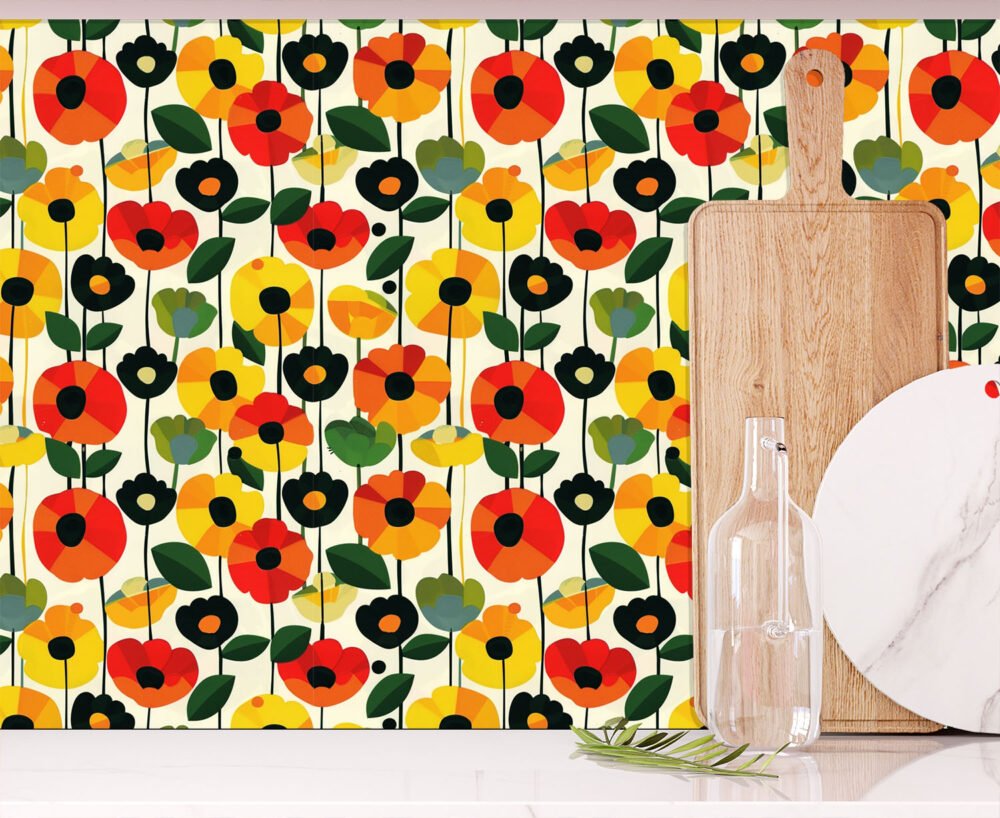 Mid century poppy pattern wallpaper in bright colours available exclusively from Wallpaper Online Canada