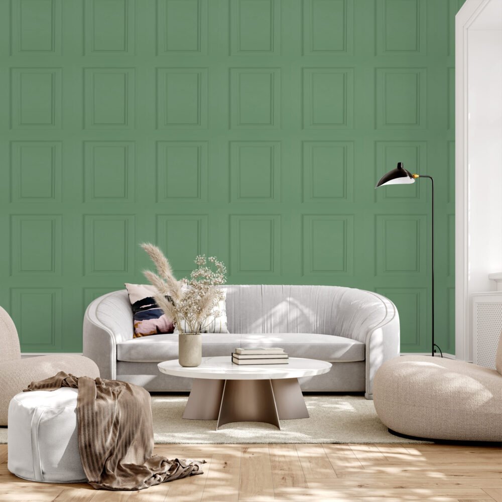 Sage green panelling design wallpaper from Wallpaper Online Canada.