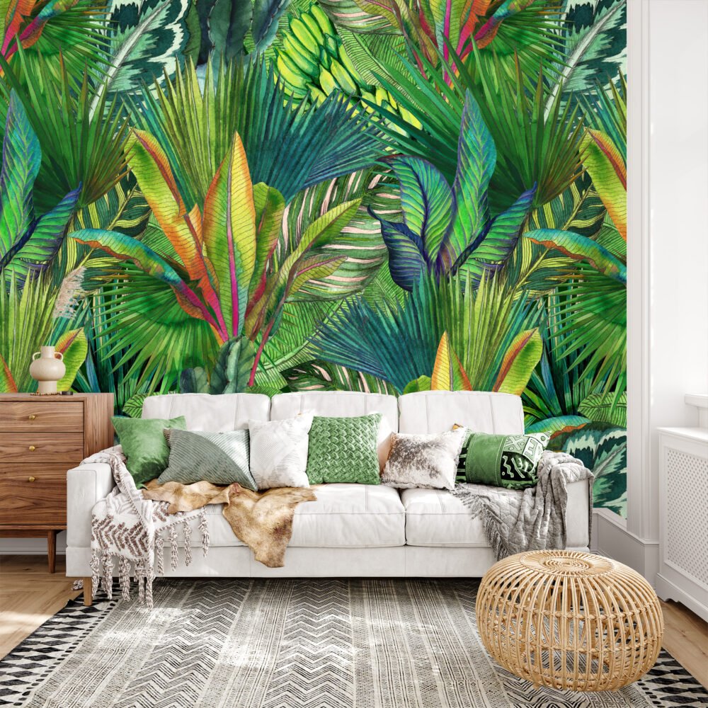Bright lush tropical leaves in maximal watercolours. Mural available exclusively from BANG Wallpaper USA.