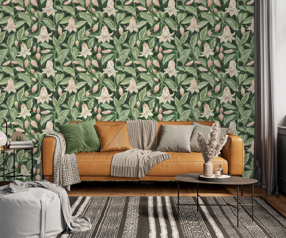 Pink and Green wallpaper pattern of moonflowers available exclusively from Bang Wallpaper USA