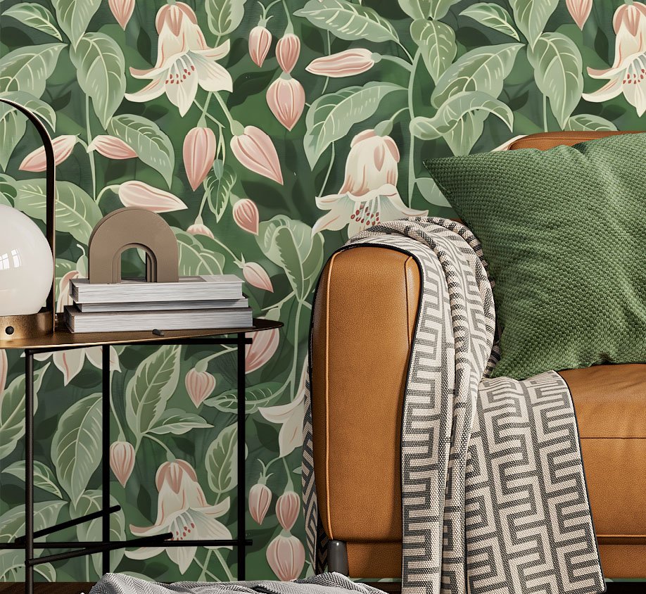 Pink and Green wallpaper pattern of moonflowers available exclusively from Bang Wallpaper USA