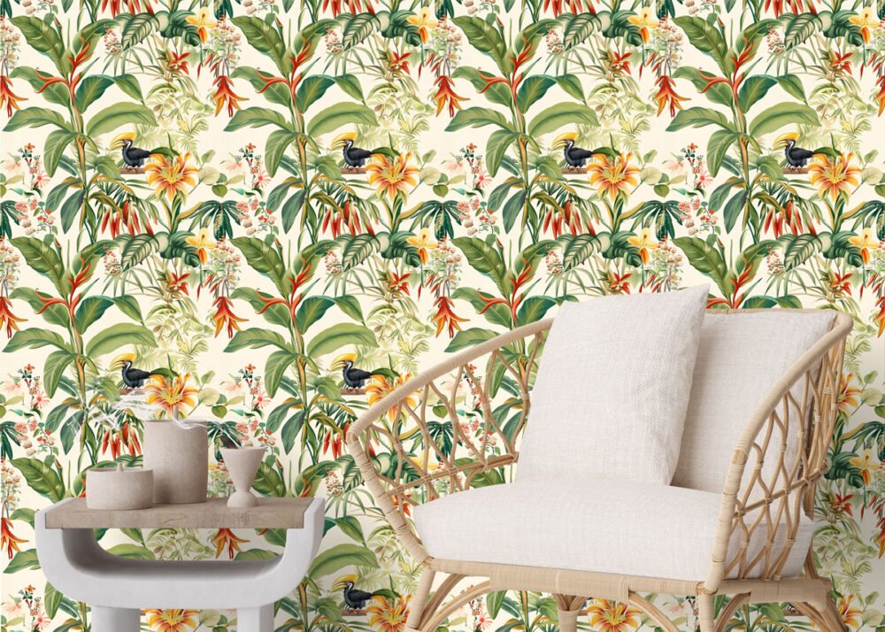 Tropical summer palms wallpaper in creams with hornbills