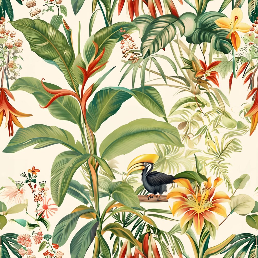 Tropical summer palms wallpaper in creams with hornbills