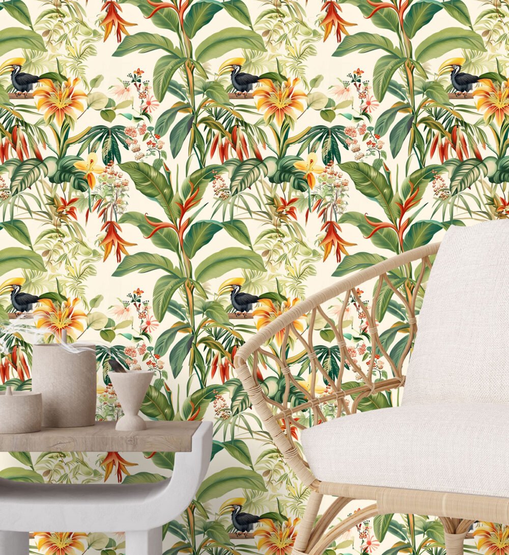 Tropical summer palms wallpaper in creams with hornbills