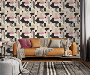 Pink black and beige geometric art deco monochrome wallpaper available exclusively from Bang Wallpaper USA