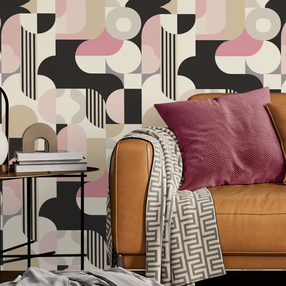 Pink black and beige geometric art deco monochrome wallpaper available exclusively from Bang Wallpaper USA
