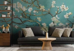 Oriental cherri blossom tree mural in a textured blue background