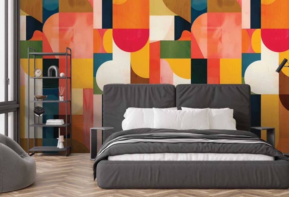 Textured geometric pattern mural with multicolour shapes