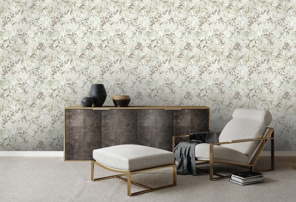 A natural toned wallpaper with leaves and singing song birds in vintage style