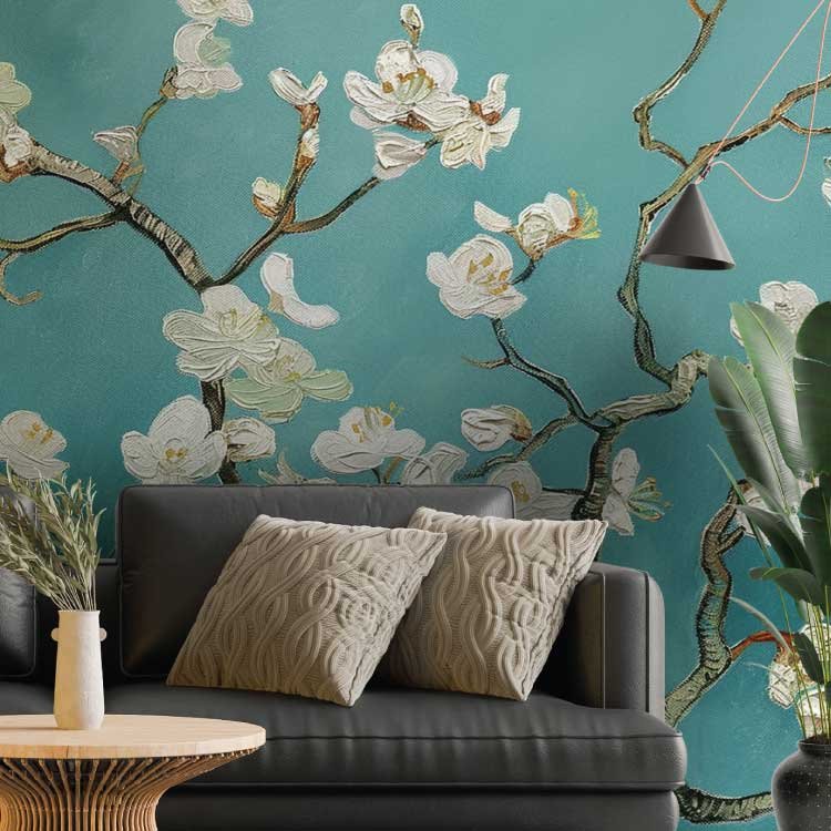 Oriental cherri blossom tree mural in a textured blue background
