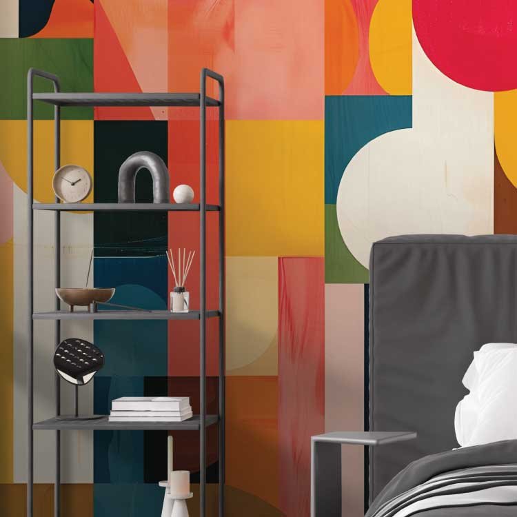 Textured geometric pattern mural with multicolour shapes
