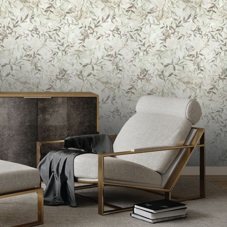 A natural toned wallpaper with leaves and singing song birds in vintage style
