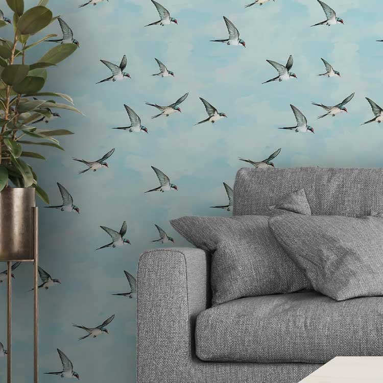 watercolour swallows wallpaper in soft blue