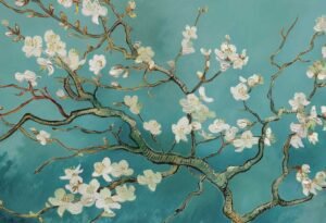 Oriental cherri blossom tree mural in a textured blue background