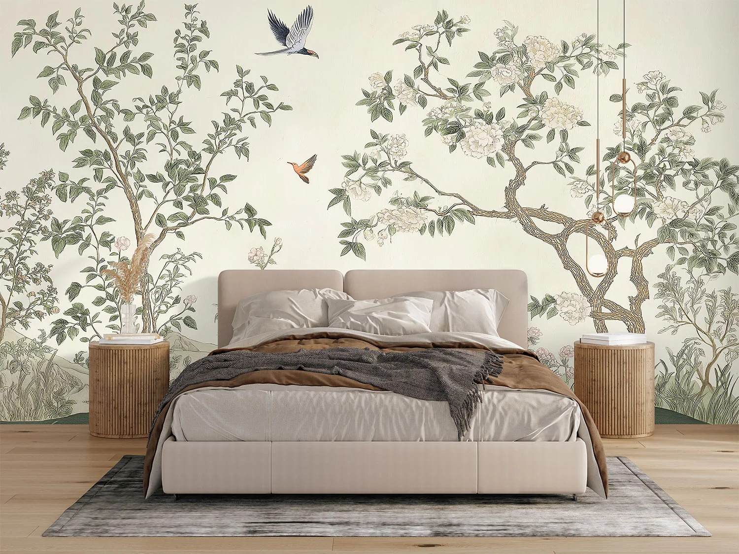 Chinois Flower Mural styled in a modern West Coast bedroom with soft neutral palette