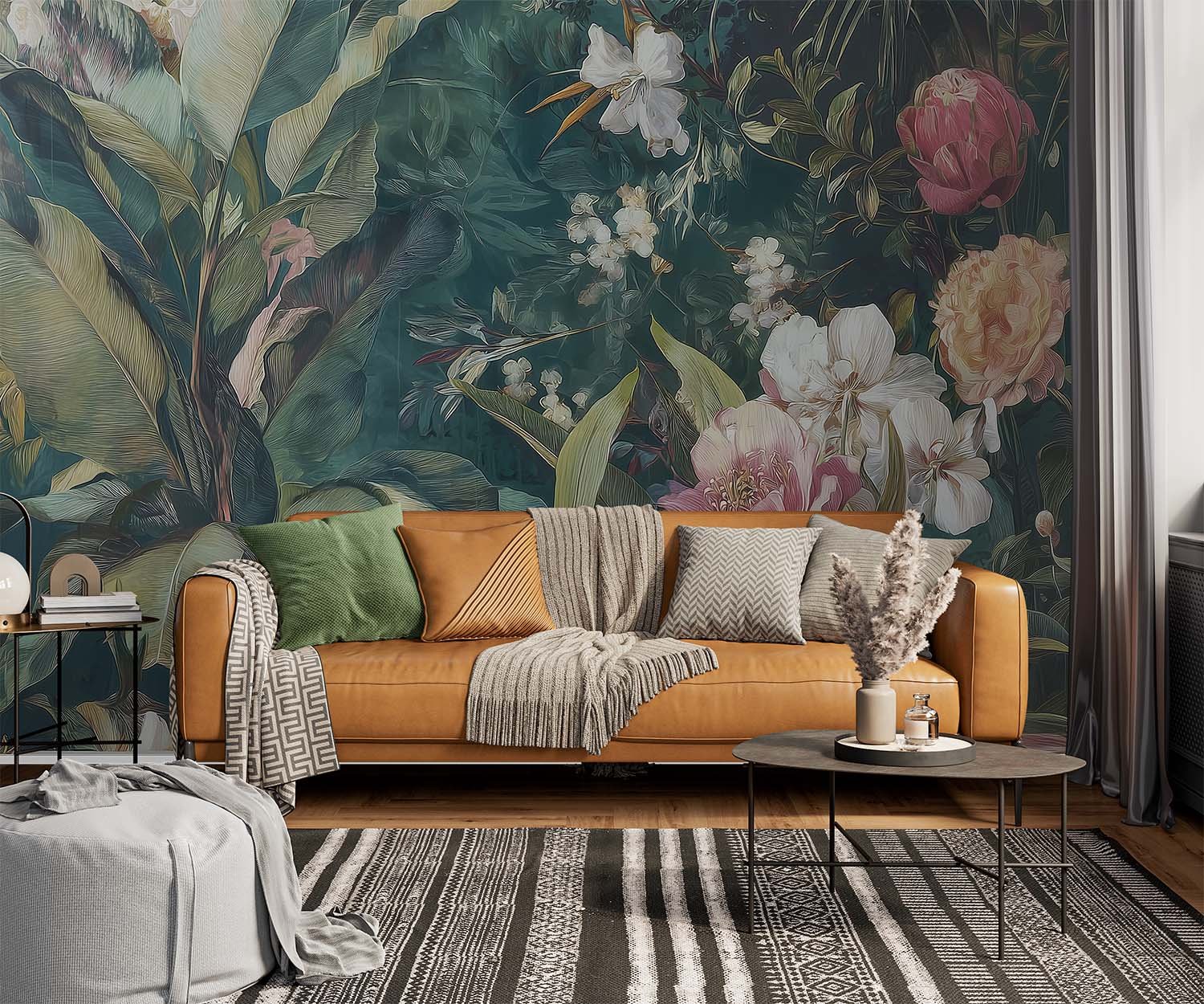 Green Eden Mural displays beautiful pink flowers against a lush green tropical background.