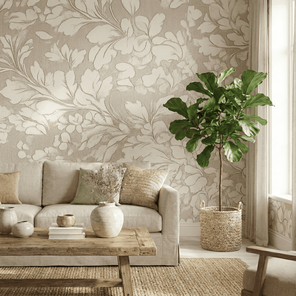 A zoomed-in of elegant beige botanical wallpaper with flowing ivory leaves behind a neutral sofa, styled with linen cushions, wood coffee table, and indoor plant.