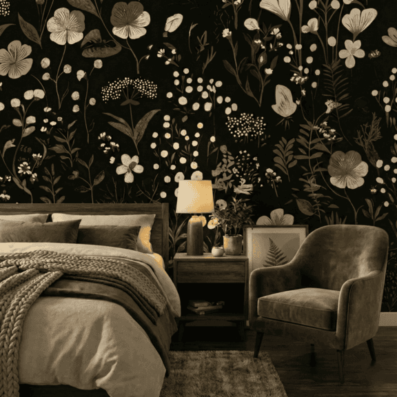 A zoomed-in of Midnight Meadow mural featuring delicate wildflowers and botanical stems in soft beige tones on a deep black background in a bedroom
