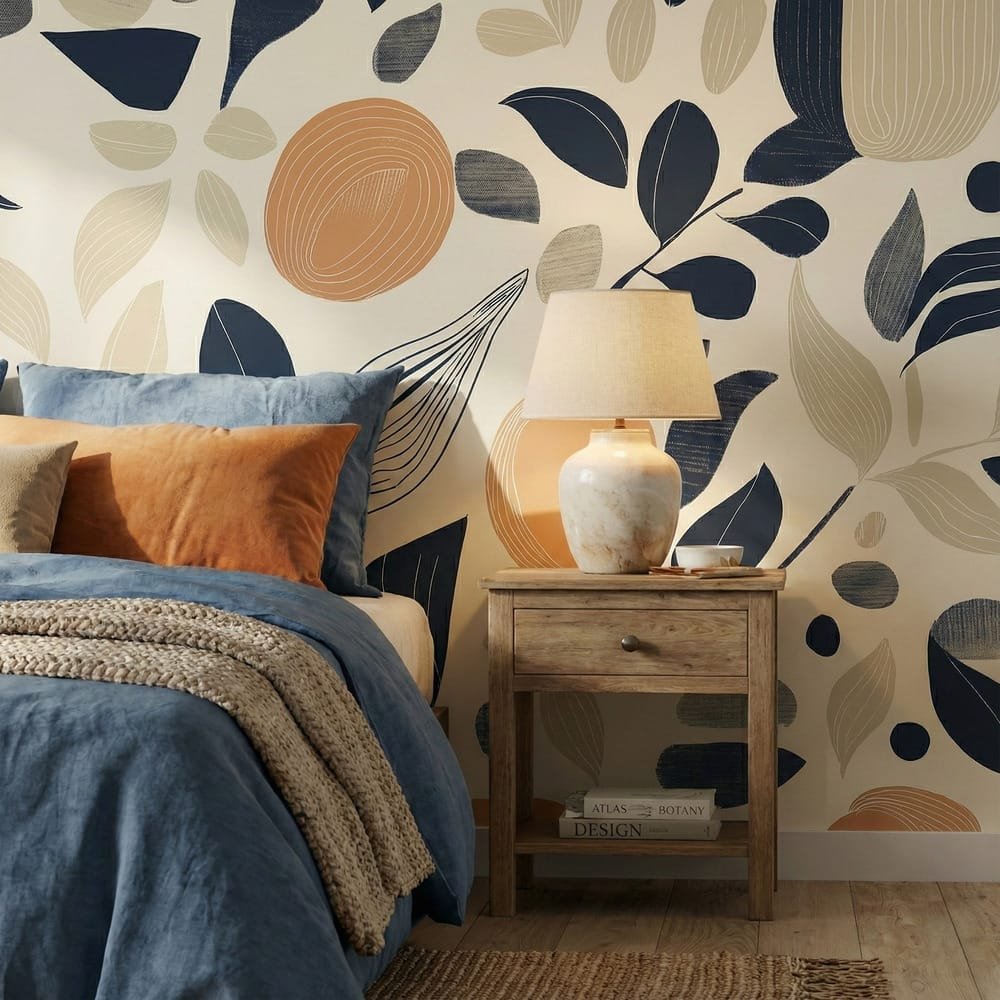 A zoomed-in of a foliage in navy and beige, wrapping a bright bedroom with blue linens, terracotta accents, and natural textures.