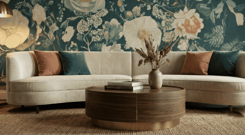 Romantic teal and ivory floral wall mural with painterly blossoms and soft vintage charm