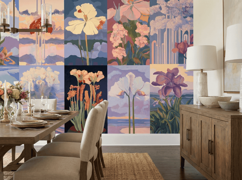 A zoomed-in of a elegant dining room styled with a vintage botanical gallery mural as a feature wall, combining colorful floral panels with classic furniture and neutral textures.