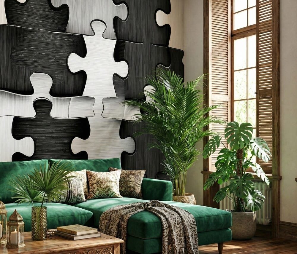 A zoomed-in of a modern living room styled with large-scale black and white jigsaw mural, green velvet sofa, and warm natural decor.