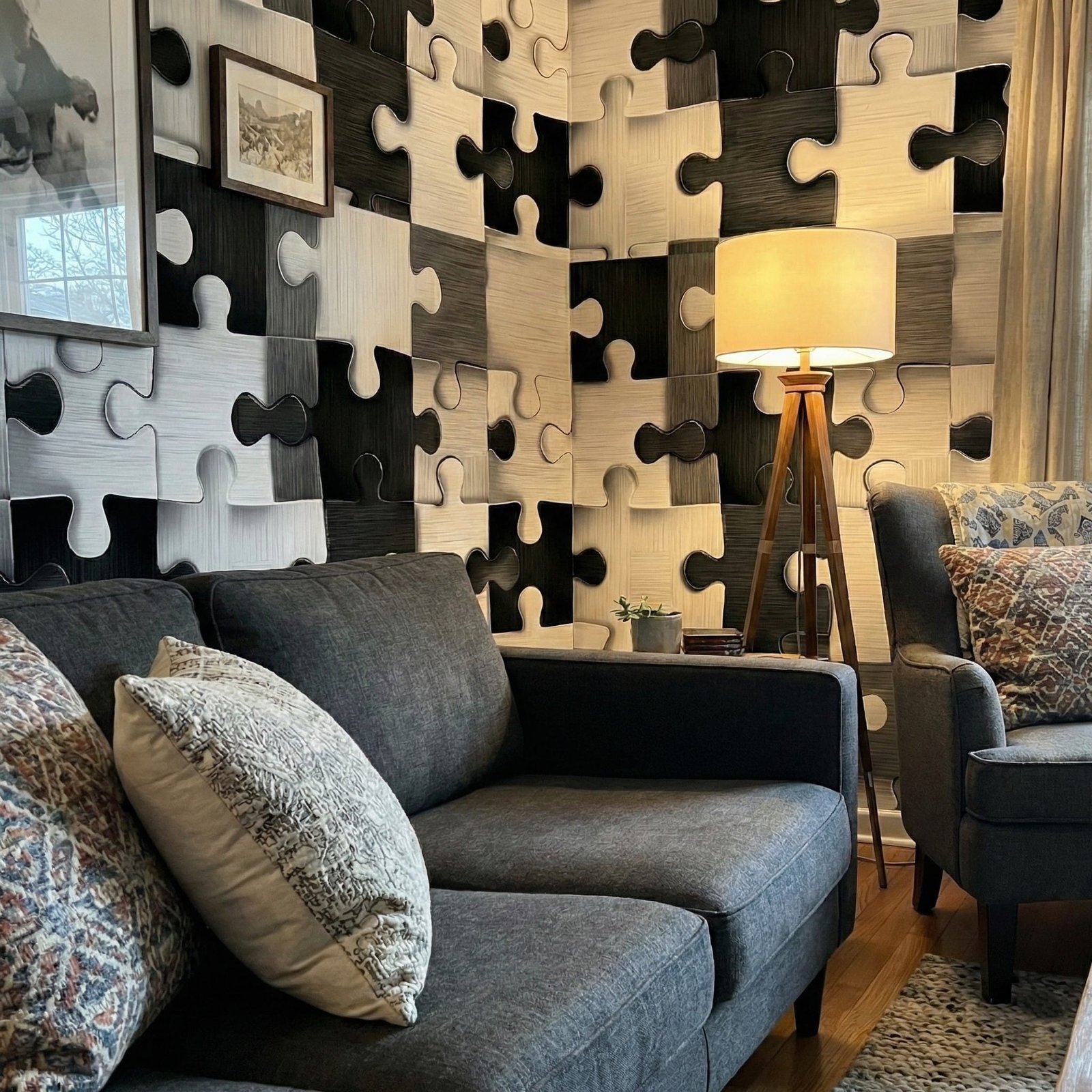 This is a zoomed-in view of black and white jigsaw puzzle pattern wallpaper with raised texture and matte finish.