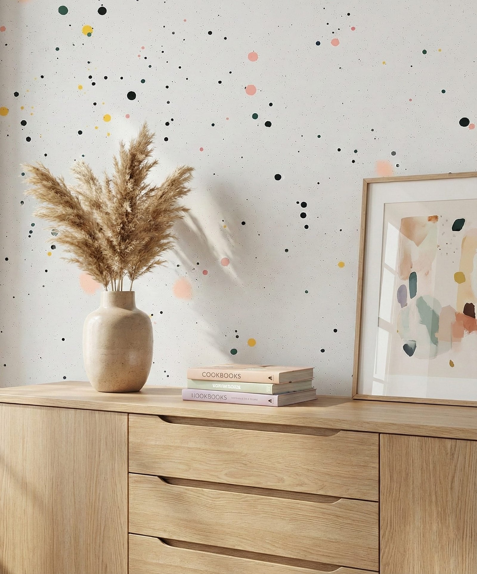 zoomed-in of a Confetti dot wallpaper styled above a light wood sideboard with ceramic vase, framed artwork, and neutral decor