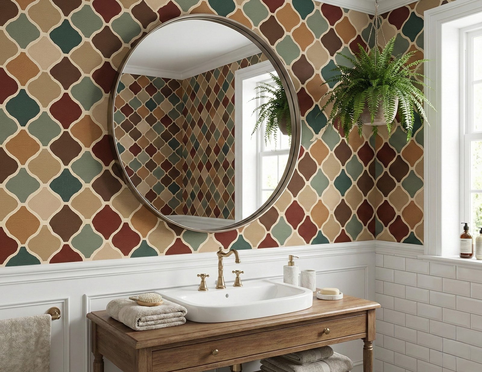 Bathroom styled with artisan lattice wallpaper in earthy colors, featuring a wood vanity, round mirror, and brass fixtures.