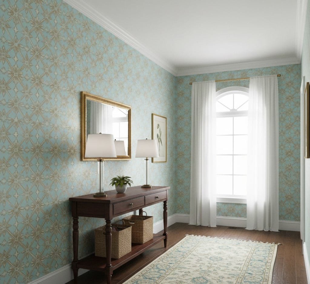 Elegant entryway styled with blue and gold trellis wallpaper, console table, framed artwork, and sheer white curtains.
