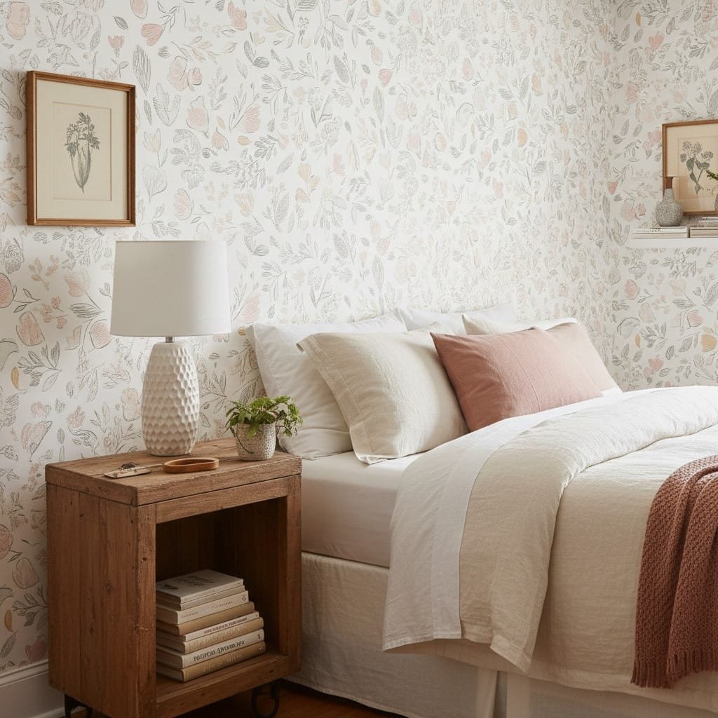 A zoom in of sage floral sketch wallpaper behind a neutral bed with white linens, blush accent pillow, and wooden bedside table.