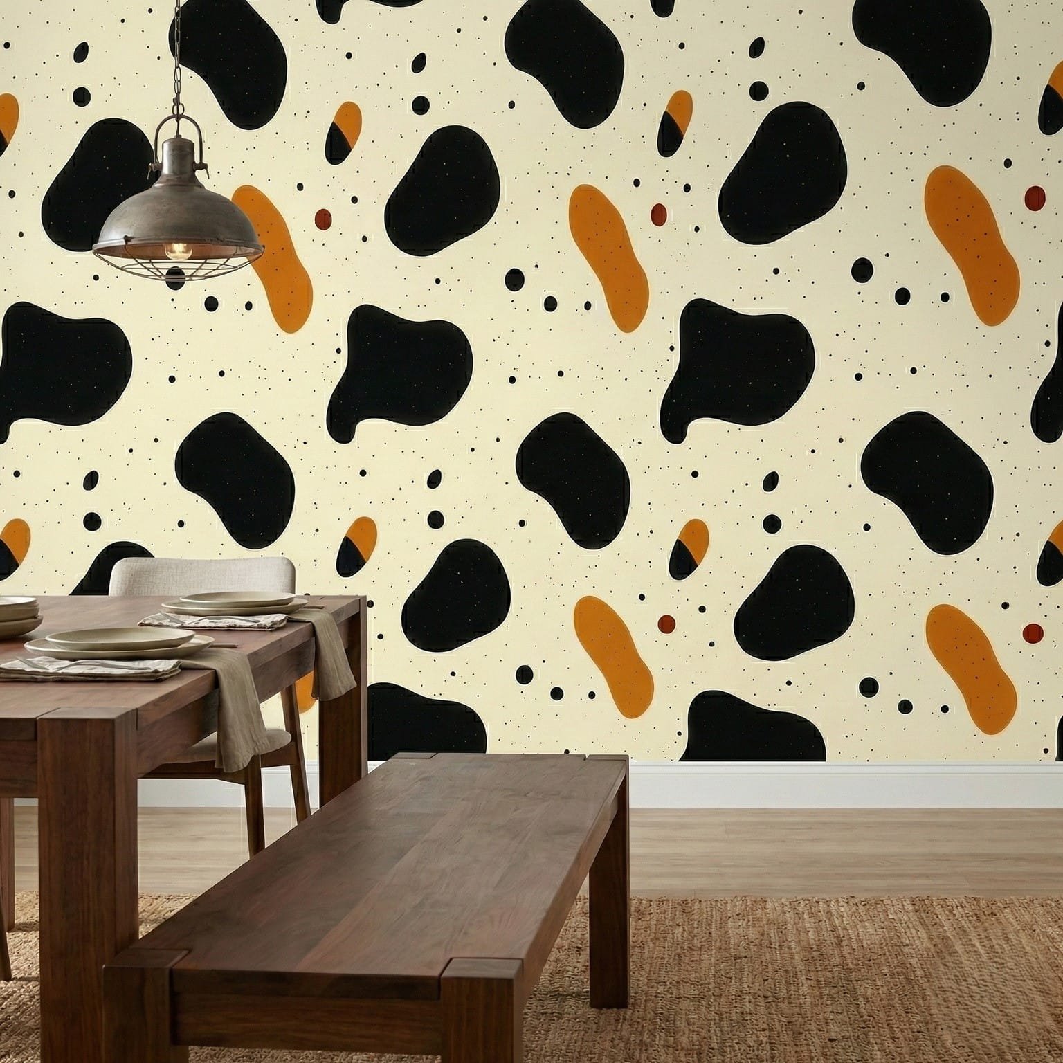A zoomed-in of a contemporary abstract wallpaper with organic shapes on a light neutral base