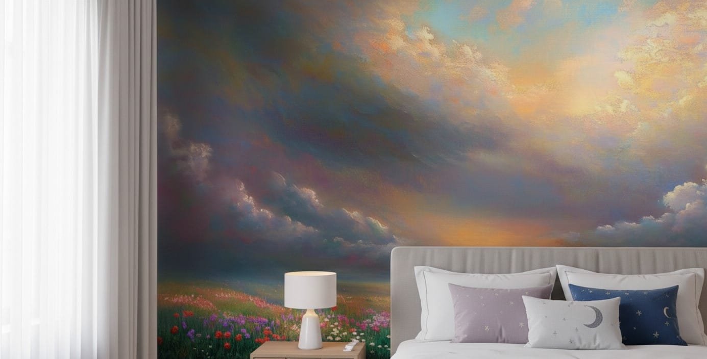 zoom in of the celestial Meadow mural behind a bed, highlighting textured clouds, warm sunset tones, and delicate floral details.