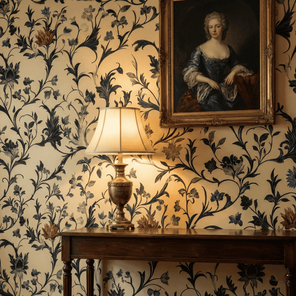 Classic interior wall styled with ebony vine floral wallpaper, brass table lamp, antique console, and framed portrait.