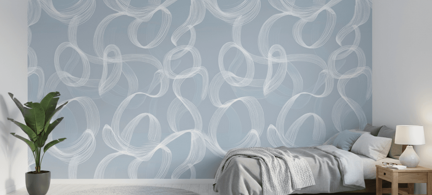 Soft blue abstract wallpaper with flowing white brushstroke loops