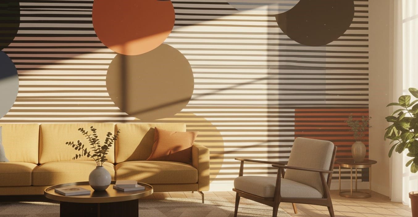 A zoomed-in of Geo stripe mural featuring horizontal black lines and overlapping abstract circles in rust, beige, and charcoal behind a modern living room sofa.