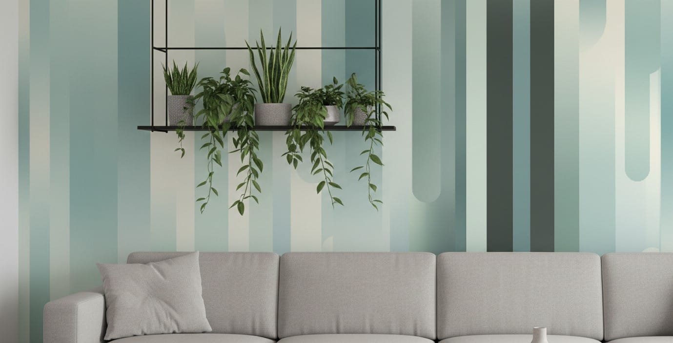 A zoomed-in of Glacial Stream mural showing flowing vertical shapes in muted green and blue with a contemporary sofa and hanging plants.