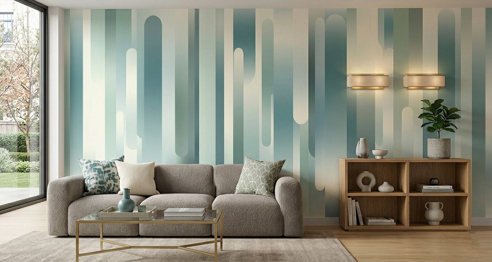 Glacial Stream mural behind a modern living room with sofa, coffee table, and soft blue gradient pattern.