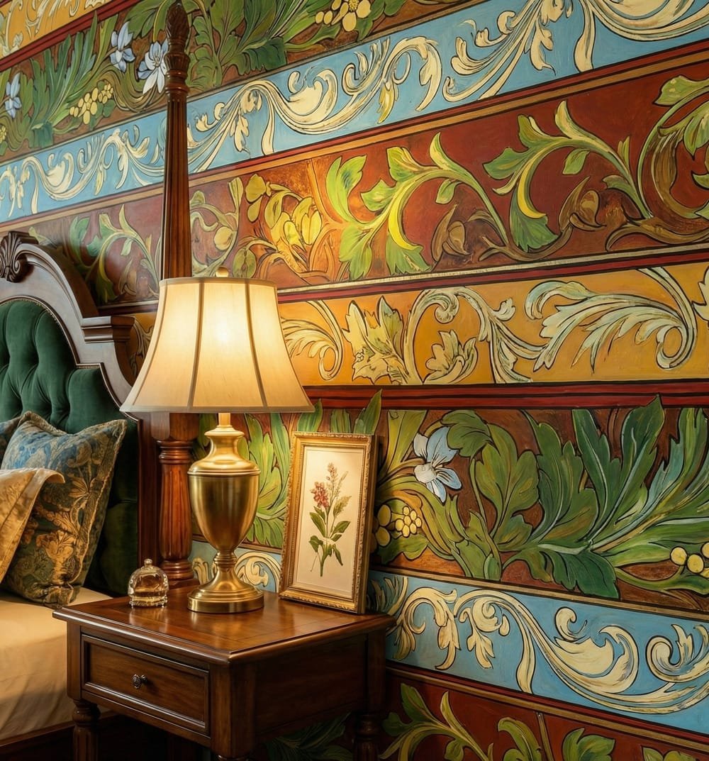 zoomed-in of a living room featuring exotic striped floral wallpaper with ornate scrollwork, layered botanical motifs, and warm heritage-inspired colours.