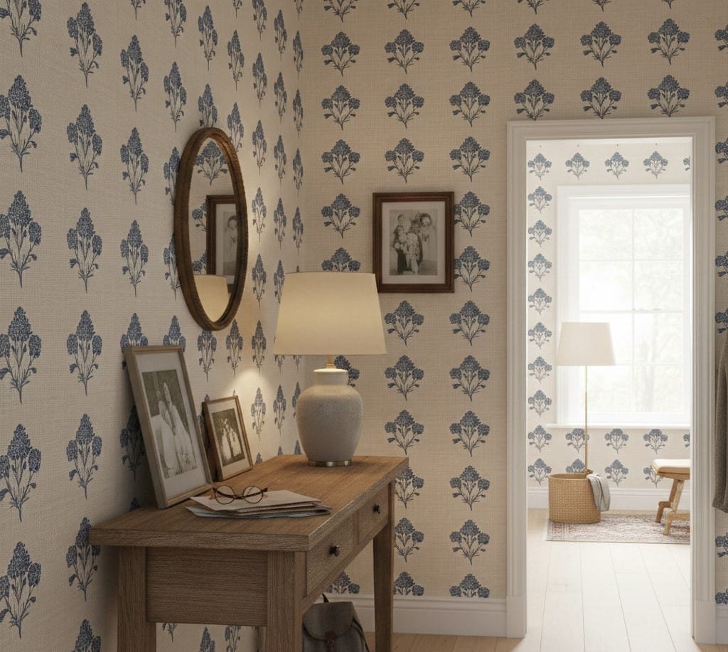 A zoomed-in of indigo blue floral motifs on a warm linen-textured background, paired with a wooden console table and table lamp.