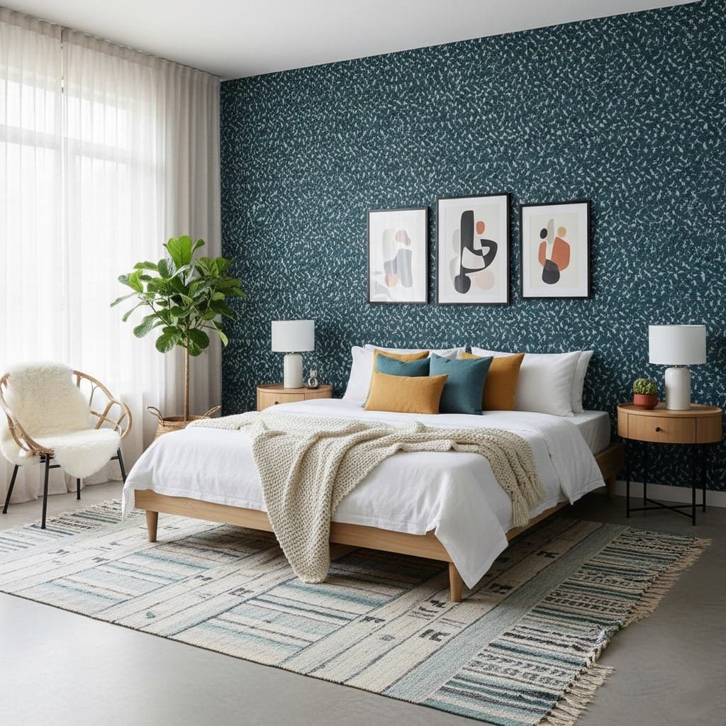 Contemporary bedroom showcasing indigo frost texture wallpaper, light wood bed frame, neutral bedding, and warm accent cushions.
