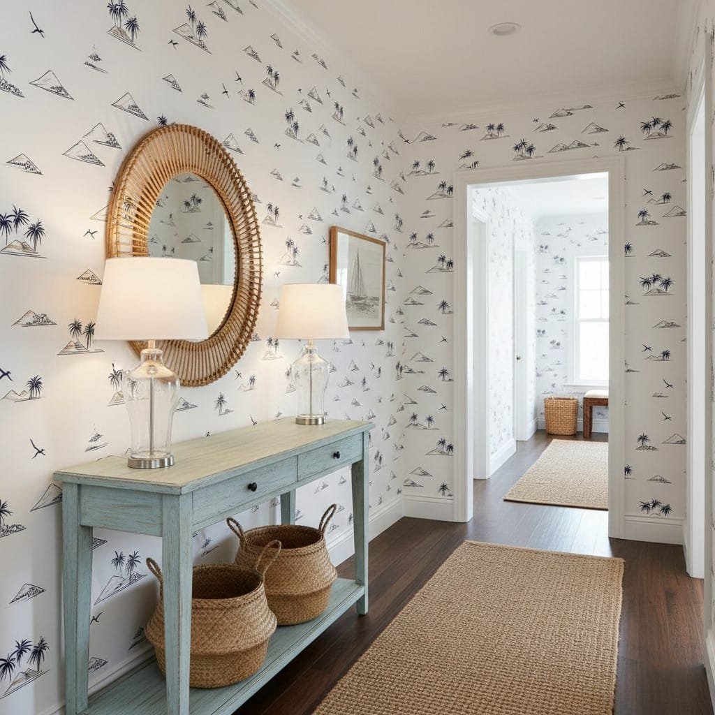 Bright hallway styled with indigo palm sketch wallpaper, light wood console table, woven baskets, and natural textures.