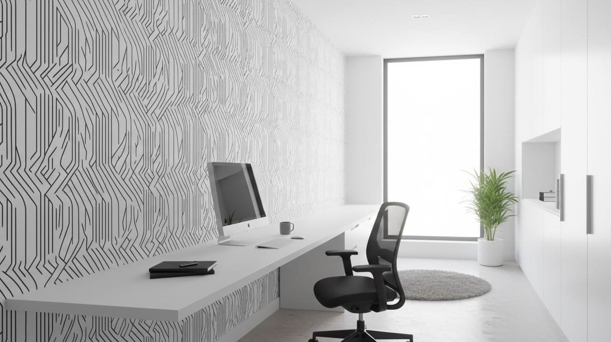 Linear Circuit wallpaper installed along a minimalist office wall with white cabinetry, long desk, and subtle black linear pattern.