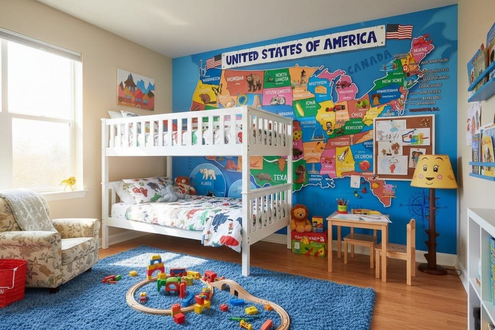 Children’s playroom with bunk beds and a vibrant United States map mural covering the wall, designed for learning geography in a fun, playful way